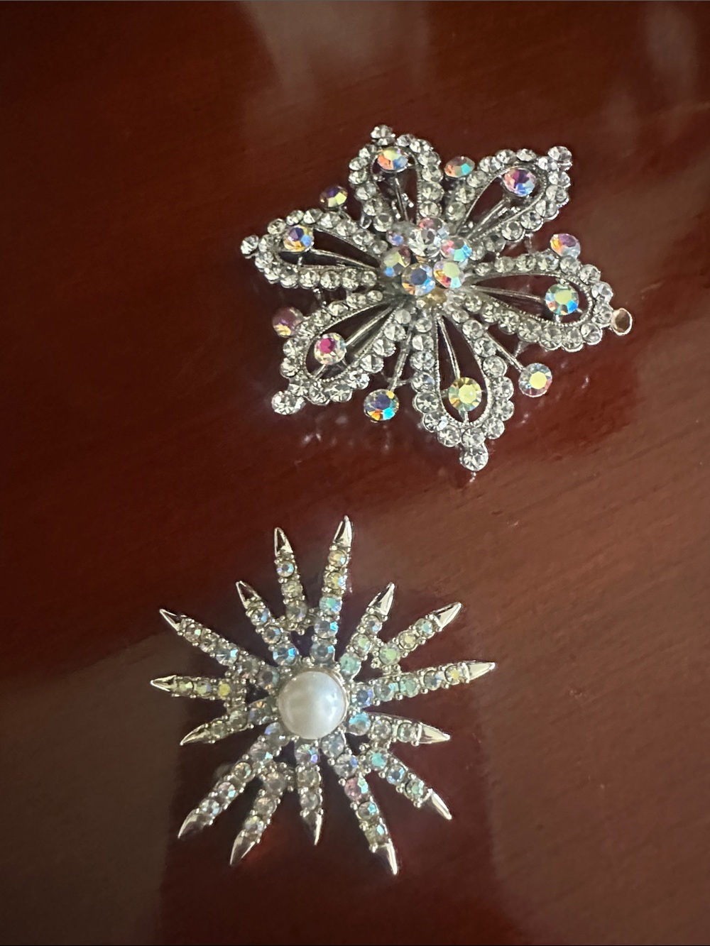 Silver Rhinestone Flower & Starburst Brooches - Aurora Borealis Sparkle